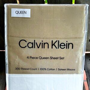 CALVIN KLEIN Queen Size 100% Cotton Sateen Weave Sheet Set COLOR: Beige (300 TC)